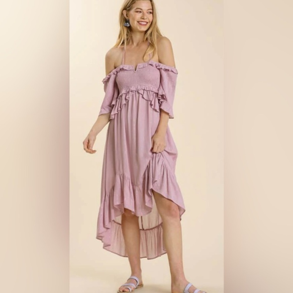 Lulu's Lilac Silver Thread Off Shoulder Pixie Midi Dress EUC M #1588